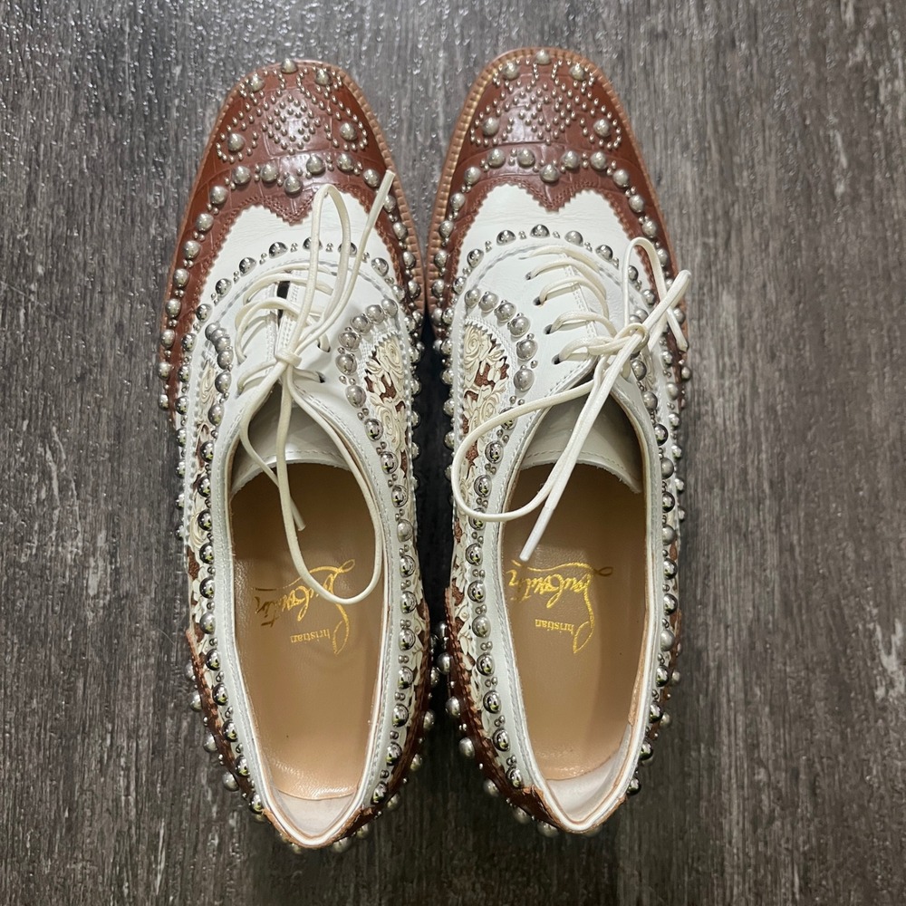 Christian Louboutin Studded Leather Wingtip Brogues White Brown Shoes Women 34.5